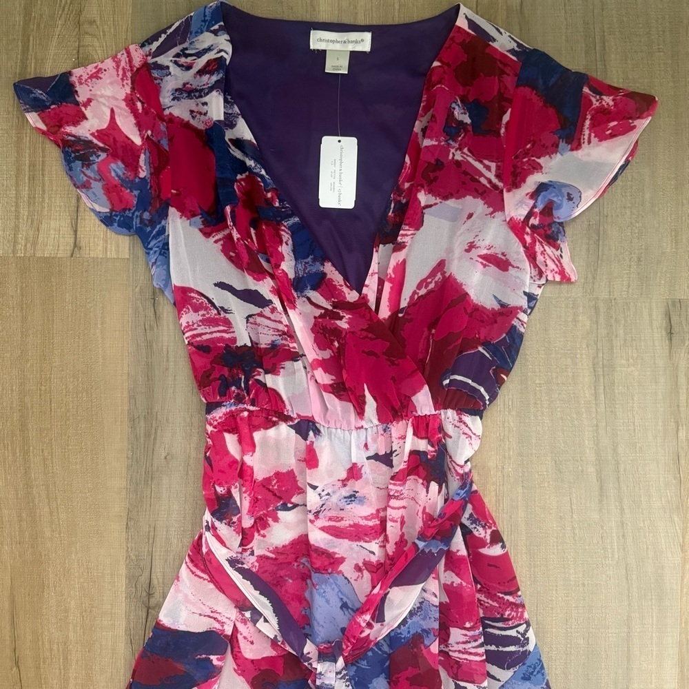 BNWT Christopher & Banks Pink Purple Tie Dye Chiffon Wrap Maxi Womenβs Dress - Picture 4 of 8